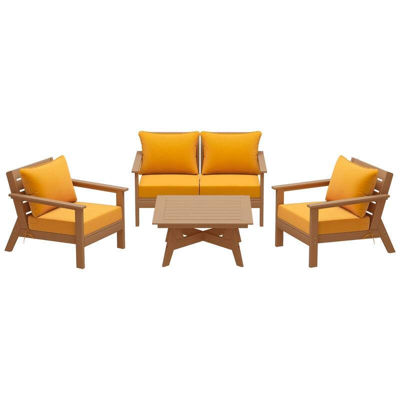 Birchwood All Weather HDPE Outdoor Patio Teak Deep Seating Conversation Set (5-Piece Set)