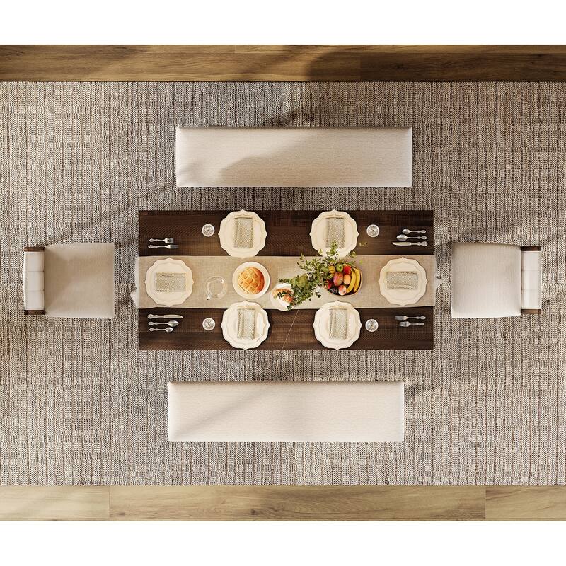 5-pieces Farmhouse Dining Table for 6, 74.8" Kitchen Table Set with 2 Benches and 2 Chairs, Solid Wood Legs and Cushion Seat