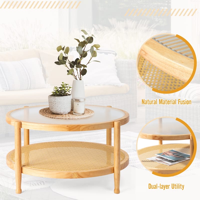 31.5in Rattan Coffee Table with Tempered Glass Top and Hand-Woven Shelf for Indoor Outdoor - 31.5” x 31.5” x 17.3”