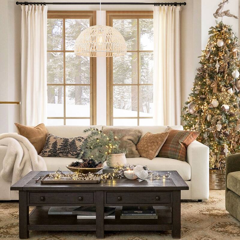 1-Light Modern Farmhouse Bohemian Round Hand-Woven Rattan Flush Mount Light Dome Pendant Light