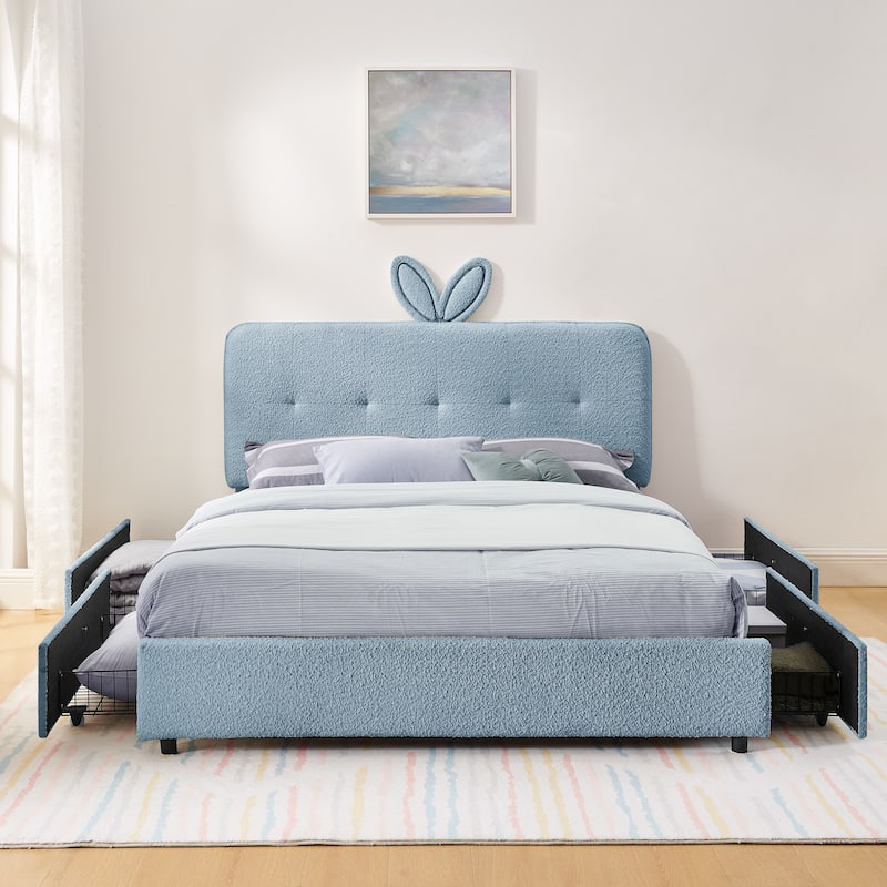 Queen Size Boucle Upholstered Bed with Rabbit Ear Headboard, LED Music Sync & 4 Drawers - Blue - Queen