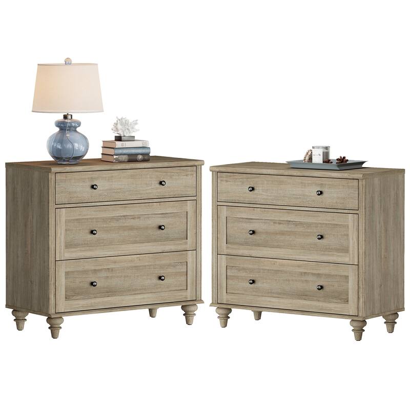 Nightstand Bedside Table, Wood Side Table with 3 Drawer - Wash Grey - 6-drawer