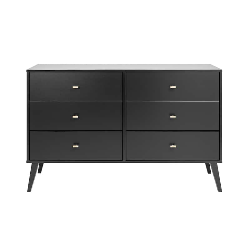 Prepac Milo Mid-Century Modern 6 Drawer Double Dresser for Bedroom, Chest of Drawers, Contemporary Bedroom Furniture - Black