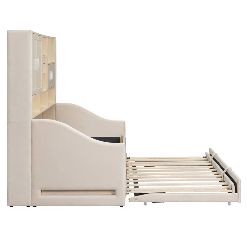 Twin Size Upholstered Daybed Sofa Bed with All-in-one Bookcase Storage Cabinets Shelves, Pull-out Lift-up Trundle, Arm Lights