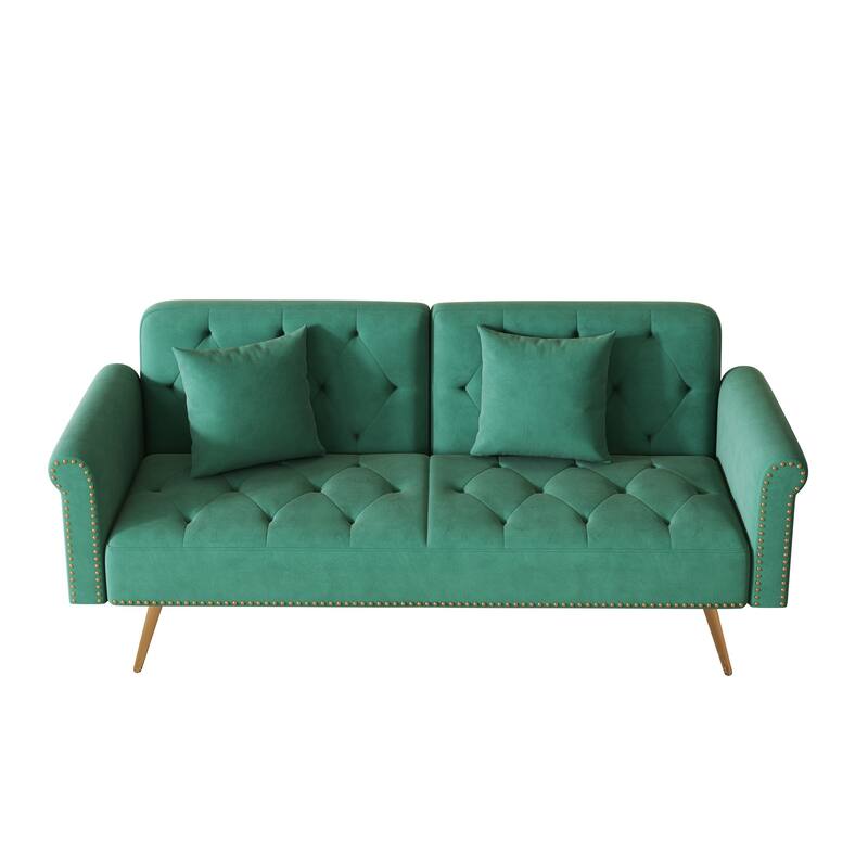 69.7-inch sofa bed with nailhead trim, matching throw pillows