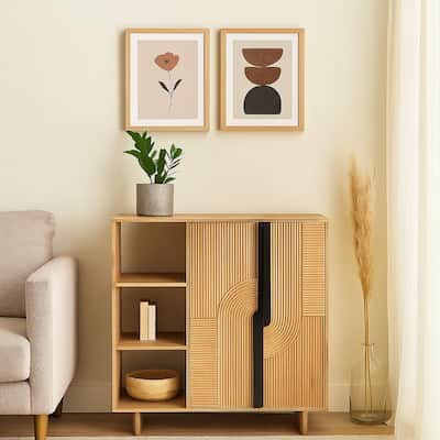 Ebie Buffet Console, Fluted Doors 5 Shelves, Natural Brown 40 Inch