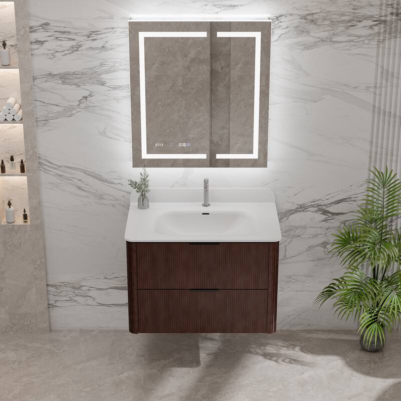 Modland Fluted Floating Vanity with Sink, Plywood Wall Mount Cabinet, Curved Edge, 24/30/36 Inch