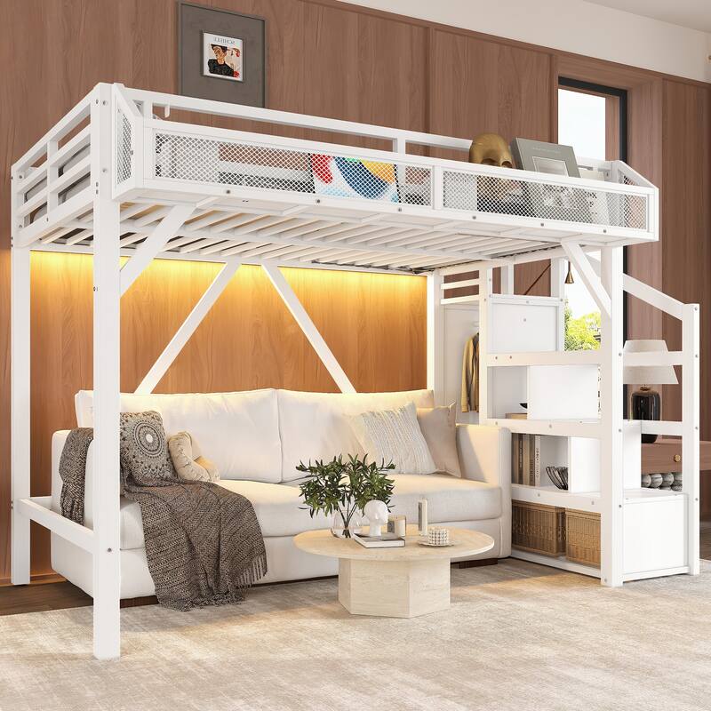 Twin XL/Twin Metal Loft Bed with Storage Stairs, Wardrobe, USB Ports & LED Lights