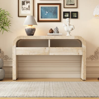 Curved Console Table with 2 Large Drawers for Living Room and Entrance, Distressed Sofa Table with Open Storage Shelves