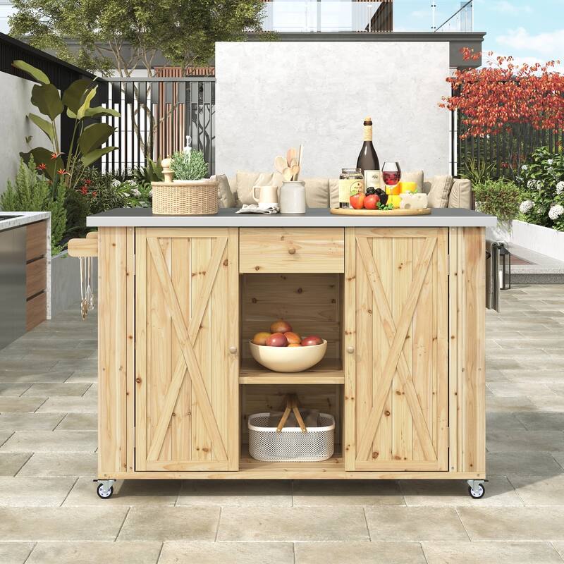 Outdoor Kitchen Island Fir Wood Kitchen Island with Stainless Steel Top, Ample Storage Space, Towel and Spice Racks -  Natural