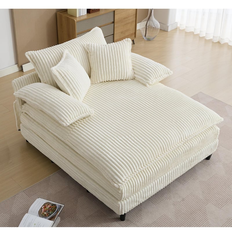 Reclining Sleeper Sofa Bed Single Chaise Lounge Corduroy Upholstered Lounge Couch Chair with Adjustable Backrest and Pillows - Beige