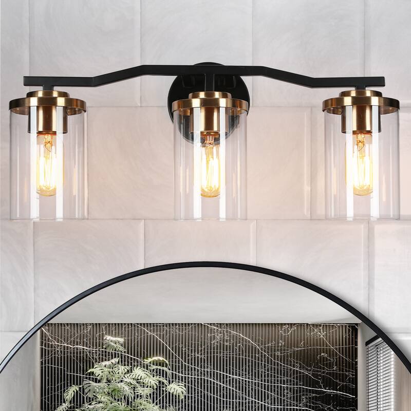 Modern Farmhouse Black Gold 3-Light Bathroom Vanity Lights Cylinder Glass Wall Sconces - 21" L x 7" W x 6" H