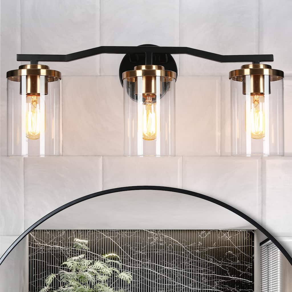 Modern Farmhouse Black Gold 3-Light Bathroom Vanity Lights Cylinder Glass Wall Sconces - 21" L x 7" W x 6" H