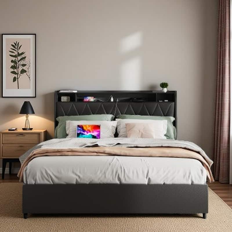 Queen Size Metal Bed Frame with Ergonomic Headboard, Built-in Outlets & Charger, Storage Shelf, Noise-Free Platform Bed