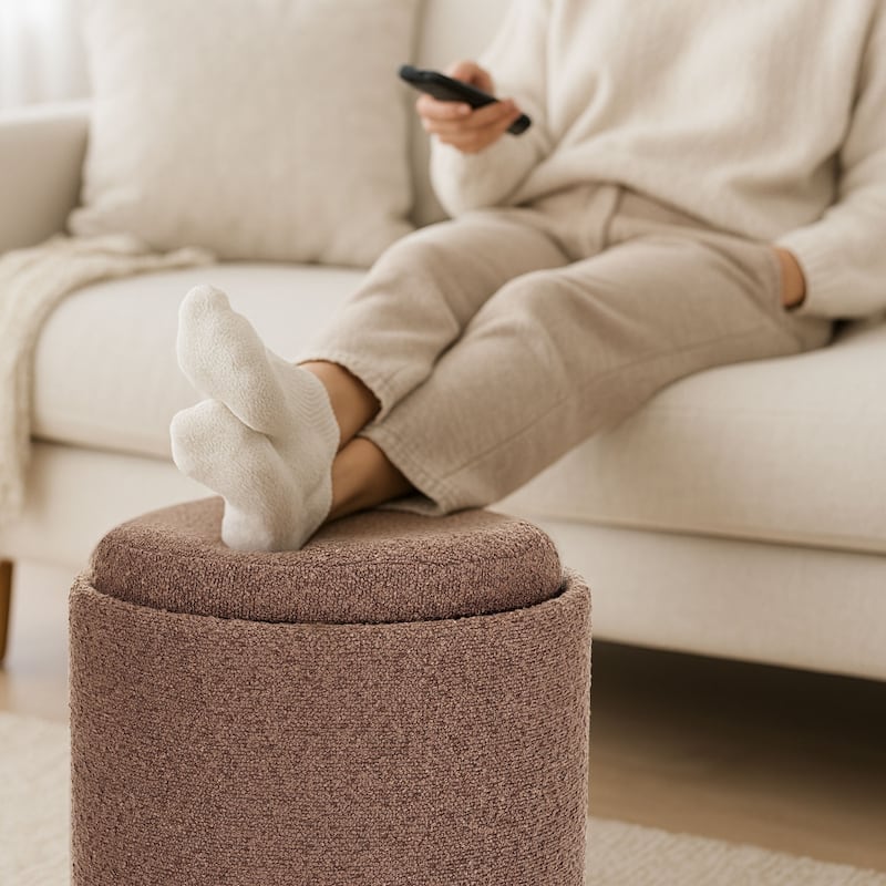 Brown Boucle Tufted Storage Ottoman with Soft Seat Removable Tray Top