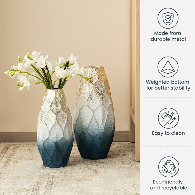 Glitzhome Set of 2 Abstract Ombre Blue and Gold Metal Vases
