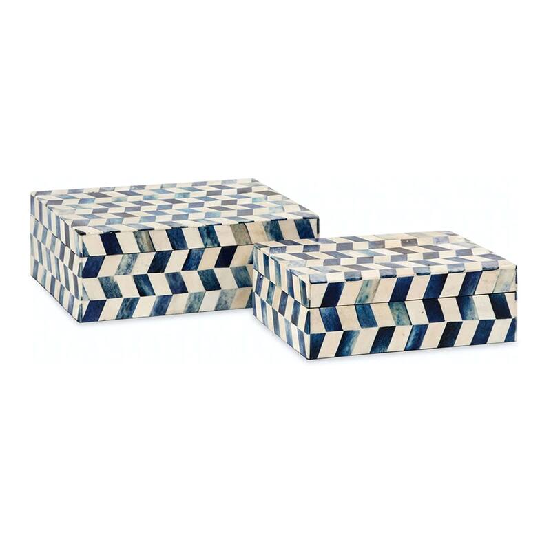 Handcrafted Geometric Bone Inlay Boxes - 11.5" - Blue and White - Set of 2