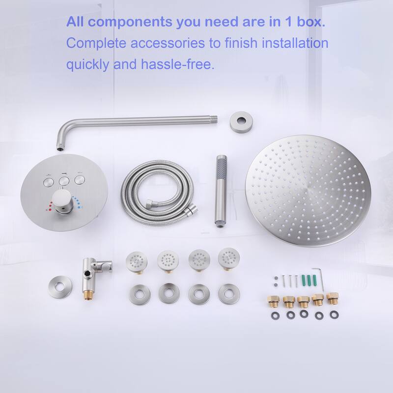3-Way Complete 12'' Rain Shower System with 4 Body Jets and High-pressure Handheld Shower Head in Black/Nickel/Chrome, Wall