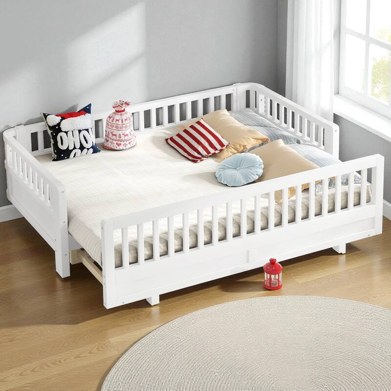 Convertible Twin/Twin XL Solid Wood Platform Bed with Guardrails, Expands to Double Twin or Queen Size, Durable Frame - White - Twin XL