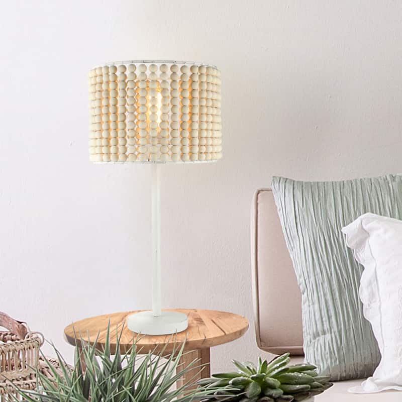 Delilah River of Goods White Metal and Tan Wood 25-Inch Table Lamp - 12.75" x 12.75" x 25.25"