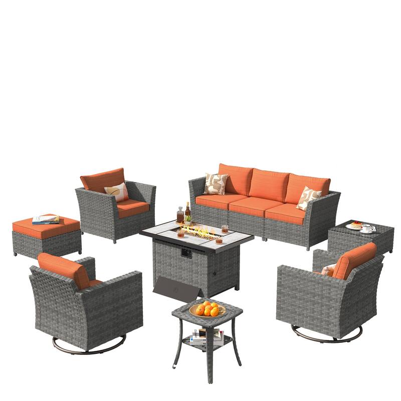 XIZZI 10-piece Outdoor Furniture Set Swivel Rocking Chair with Fire Pit
