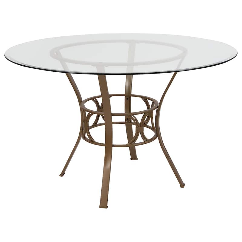 48'' Round Glass Dining Table with Crescent Style Metal Frame - 48"W x 48"D x 29.5"H - 48"W x 48"D x 29.5"H