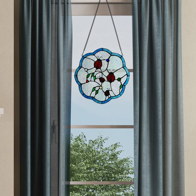 River of Goods Ladybugs on Flower River of Goods Multicolored Stained Glass Suncatcher Window Panel - 12" x 0.25" x 12"
