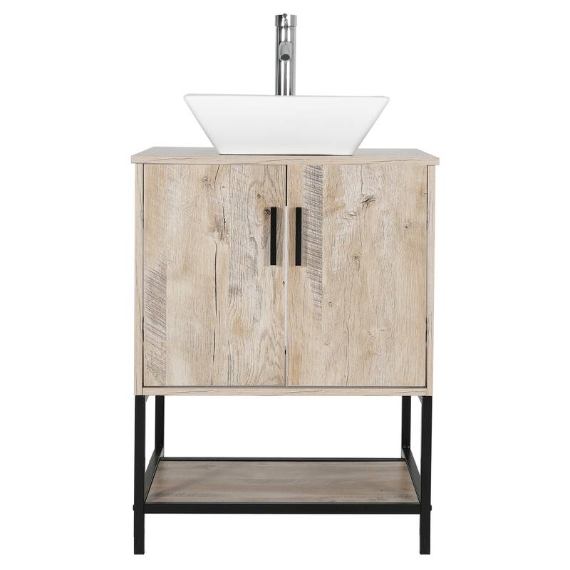 24" Bathroom Vanity Sink Combo Oak Cabinet Vanity Tempered Glass/Ceramic Sink
