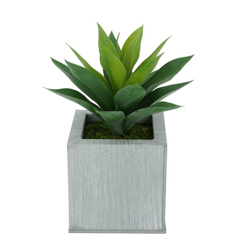 Faux Frosted Light Green Succulent in Square Zinc Planter