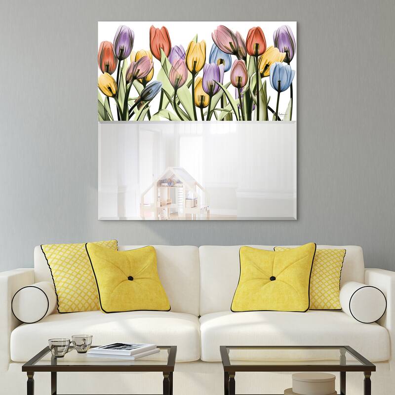 "Tulip Scape" Square Beveled Mirror on Free Floating Printed Tempered Art Glass - Clear - 38 x 38