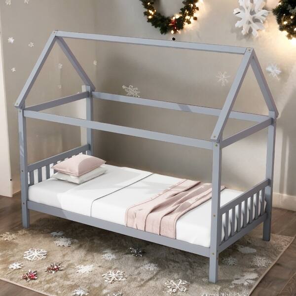 slide 2 of 13, Light Grey Rubber Wood House Bed,Twin Size Kids Bed Light Grey