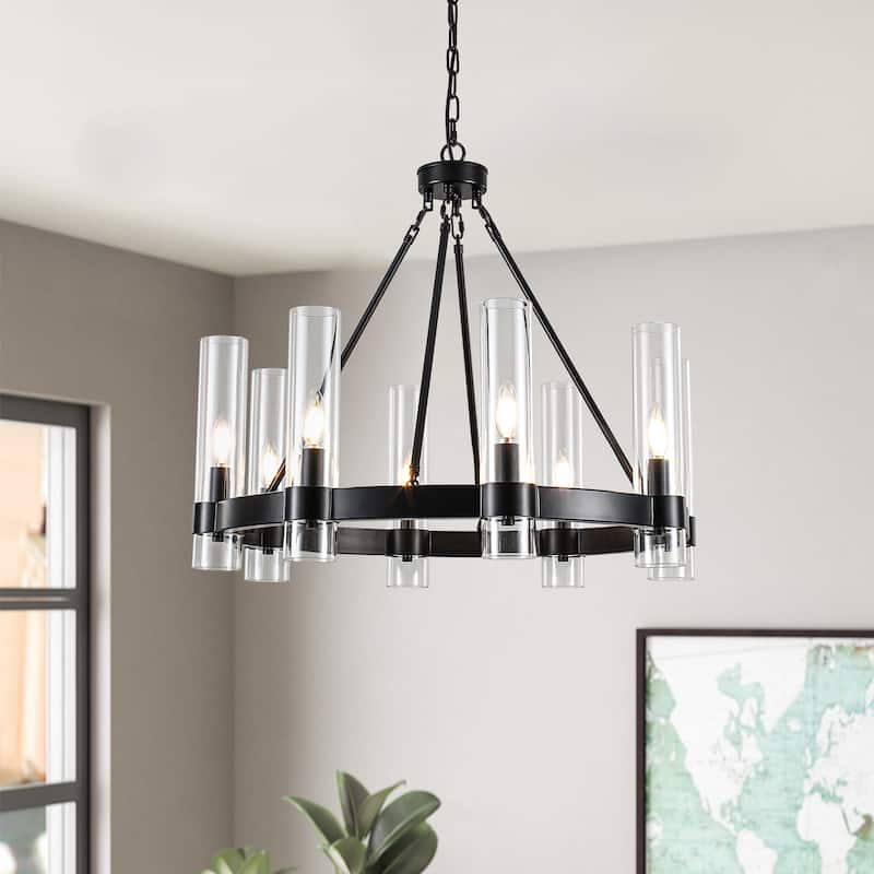 8-Light Industrial Wagon Wheel Chandelier with Glass