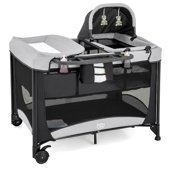 slide 2 of 10, 5 in 1 Portable Baby Playard Nursery Center w/ Cradle & Storage - See Details Black + Grey - See Details - Metal