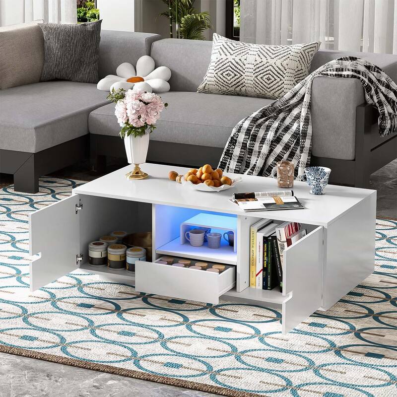 Functional Modern Rectangle Coffee Table with Storage and LED Lights,Ideal for Enhancing Living Room