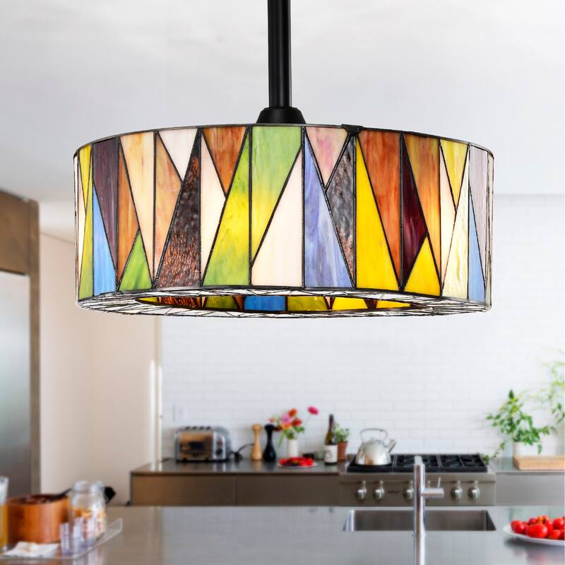Svenja Black Lighted Ceiling Fan with Multi-Colored Earth Tones Tiffany Style Glass Shade Fandelier with Remote - MultiColored