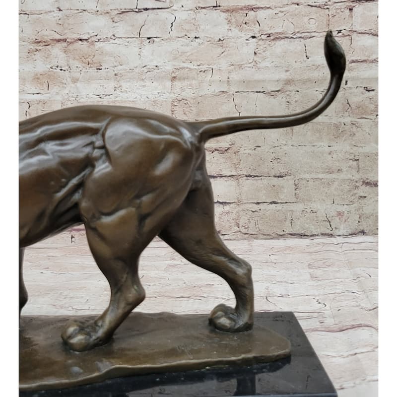Walking Imitative Lion Bronze Sculpture Statue Figure On Marble Base Signed Milo