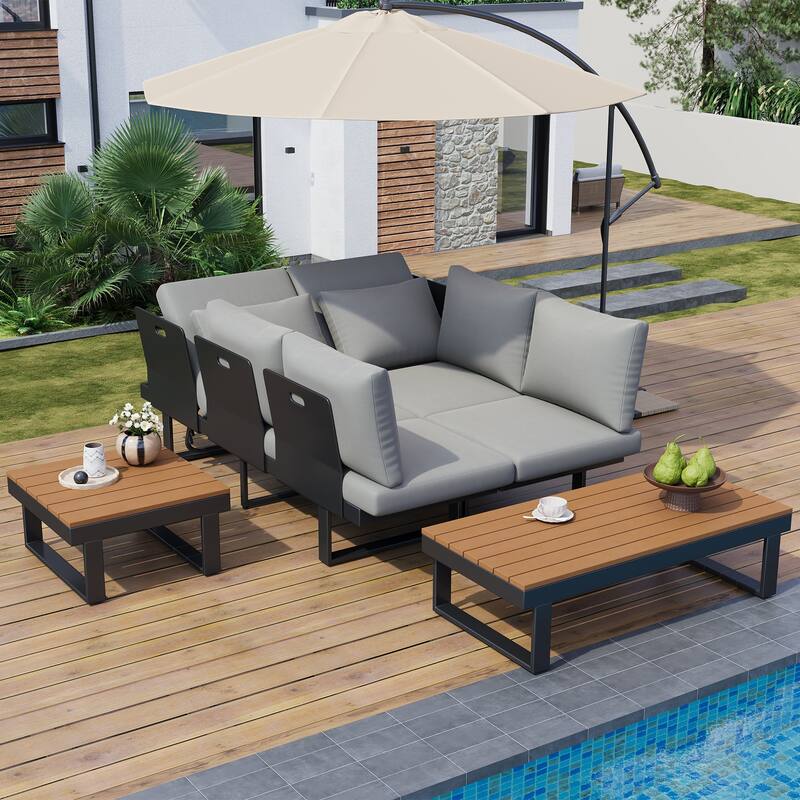 Outdoor Patio Conversation Sofa Set L-shape Sectional Sofa Set with Adjustable Reclining Seats, Coffee Table, Side Table