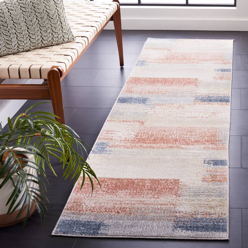 SAFAVIEH Blair Machine Washable Akkie Slip Resistant Contemporary Rug - 2'2" x 8' Runner - Beige/Blue Rust