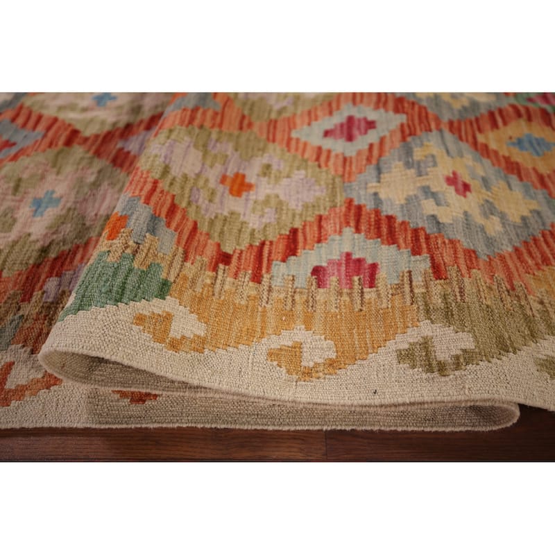 Geometric Kilim Oriental Runner Rug Hand-Woven Wool Carpet - 2'9"x 16'4"