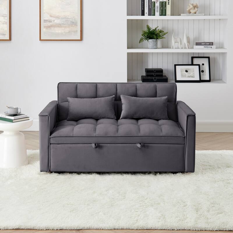 54.33 Inch Foldable Sofa Bed with Adjustable Back, Velvet Pull-Out Bed, USB Charging Port, Includes 2 Soft Pillows