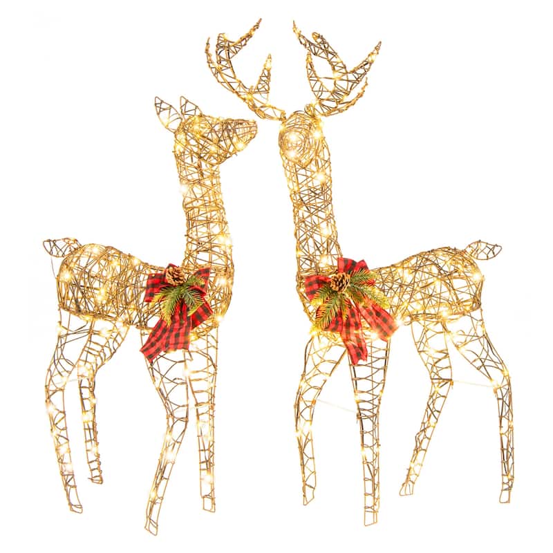 2 PCS Pre-lit Christmas Reindeer Family Deer Decoration w/ LED Lights - Brown