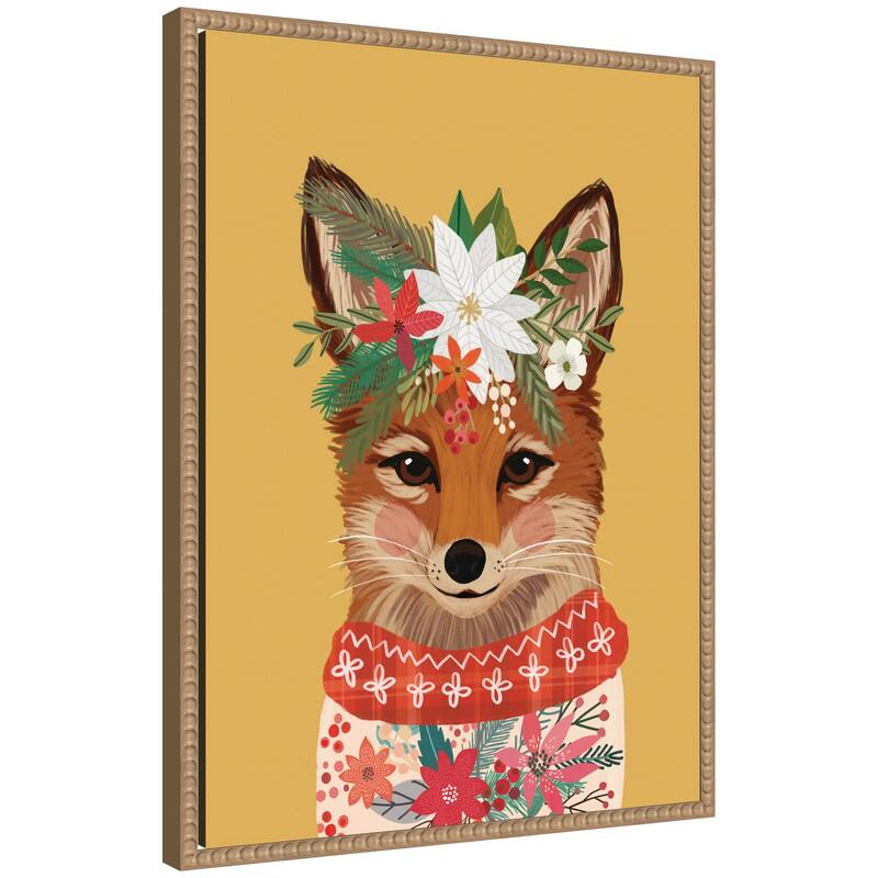 Kate and Laurel Sylvie Beaded Christmas Fox Framed Canvas by Mia Charro - Brown