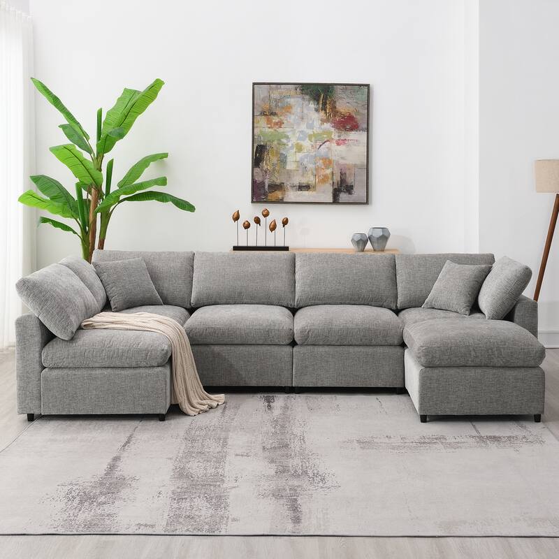 Modular 6-Seat Chenille Sectional Sofa Bed with Ottoman, Convertible U-Shape, Gray