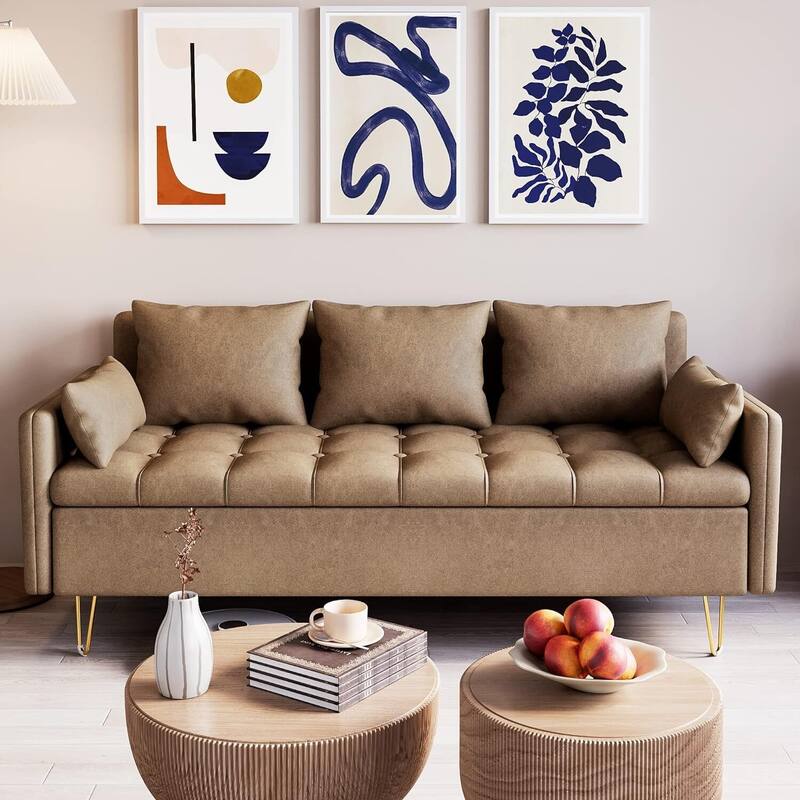 3-Seater Faux Leather Sofa - Light Brown