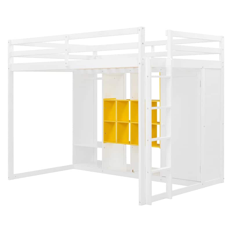 Roomfitters Full Size Wood Loft Bed with Wardrobe, Shelves and Cabinet