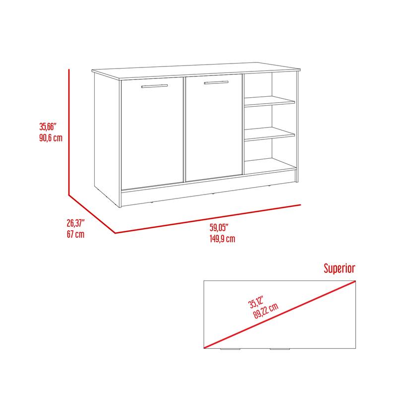 White and Dark Brown Kitchen Island, Two Cabinets, Three Open Shelves for Storage