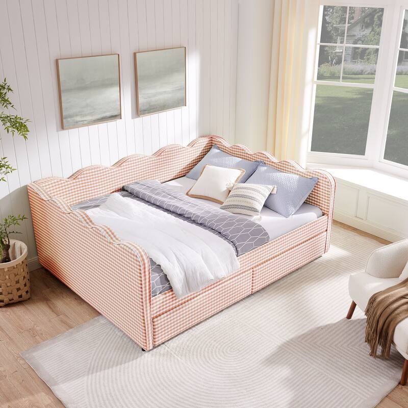 Full/Queen Gingham Daybed with 2 Storage Drawers, USB Port & Wave Shaped Linen Fabric