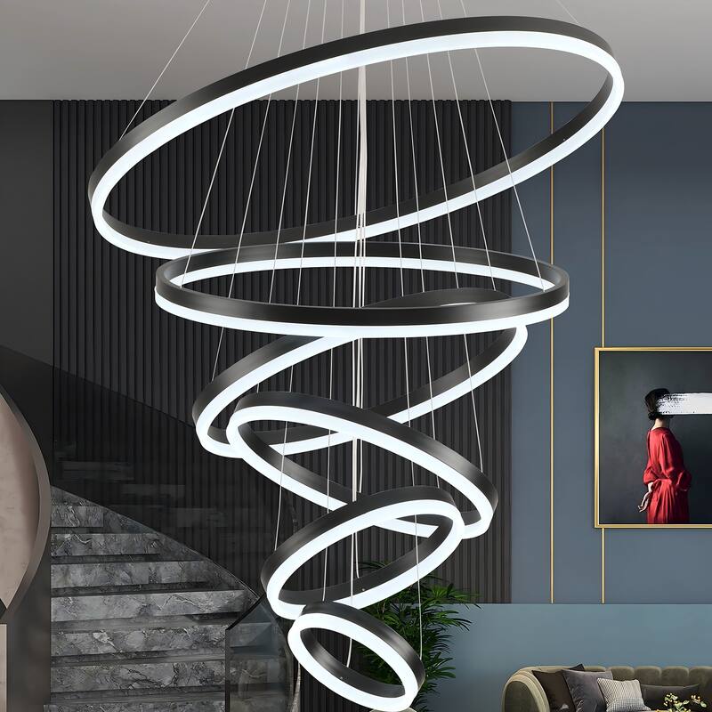 Modern Ring LED Chandelier Large Circle Pendant Light for High Ceilings, Dimmable with Remote - 6 Rings - Black