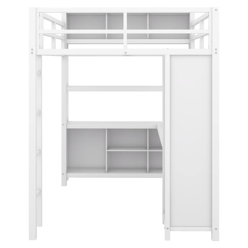 Full Size Metal Loft Bed with Wardrobe And L-shaped Desk, Storage Cubes and Shelves for Kids, Teens, Adults