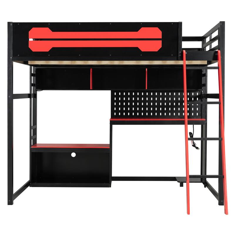 Full Size Gaming Loft Bed with Desk, Shelves, LED, USB and Pegboard